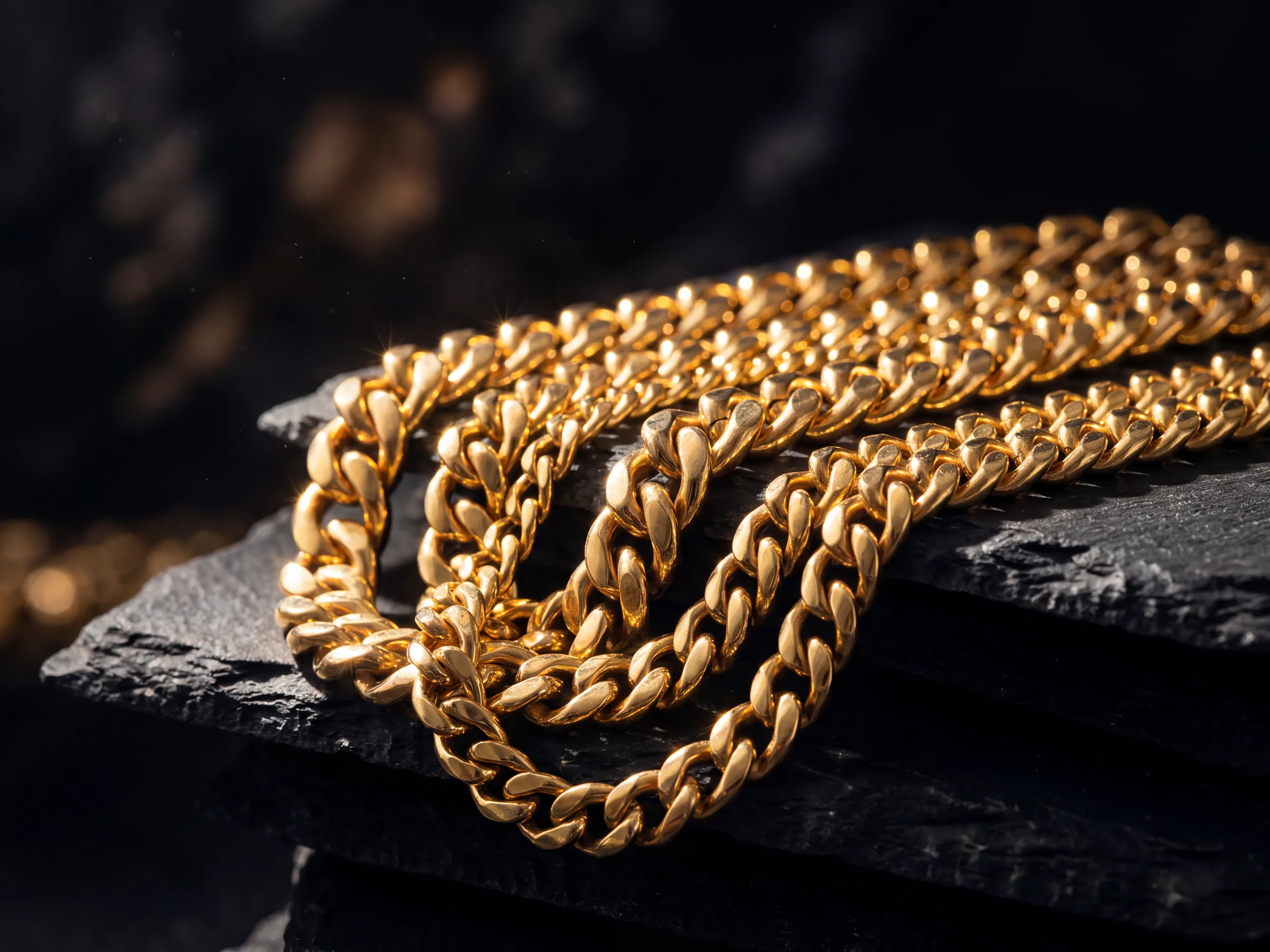Layered gold Cuban link chains on dark stone